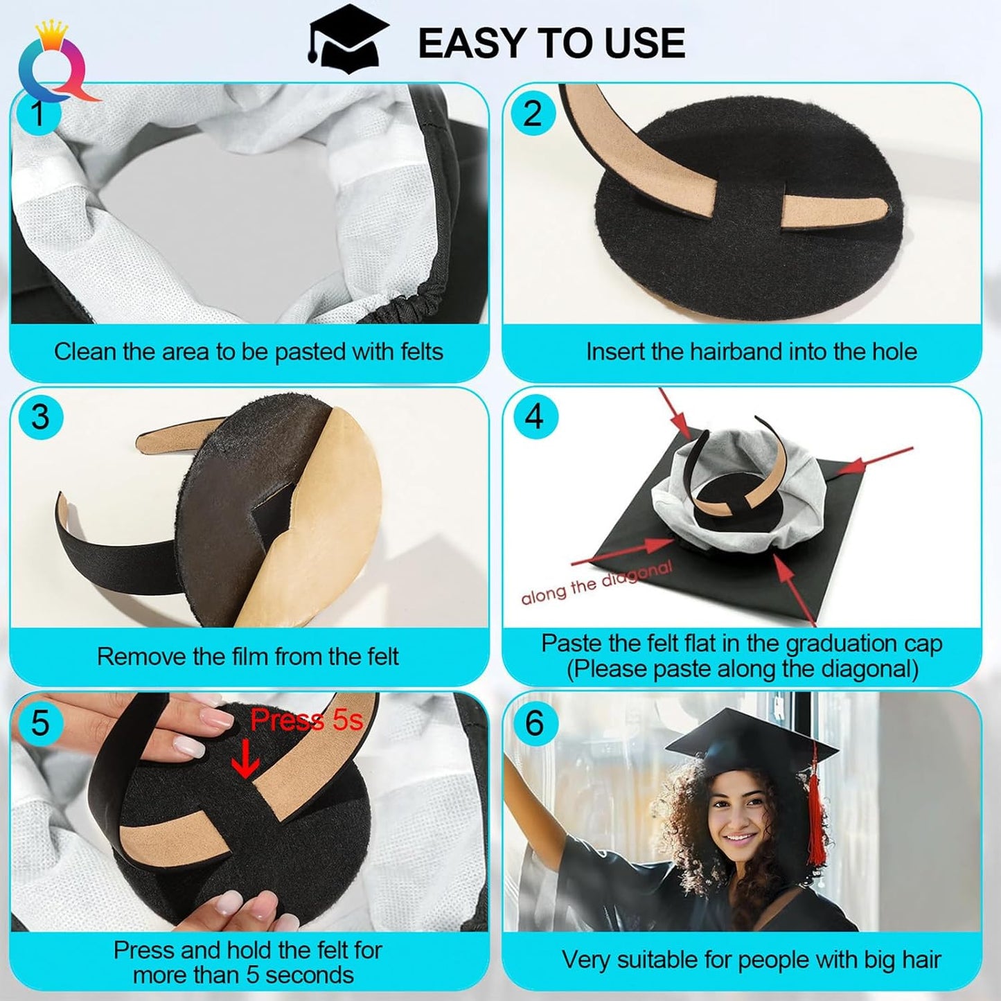 Graduation Cap Headband Insert - Widened & Thickened Black Hair Band | Durable Anti-Fall Design, 1 Pack
