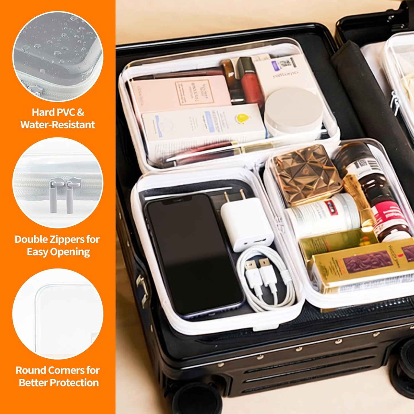 Clear Zipper Pouches - 6PCS Hard Shell Cosmetic Bags | Portable Waterproof Travel Organizers for Toiletries & Snacks (2L+2M+2S)