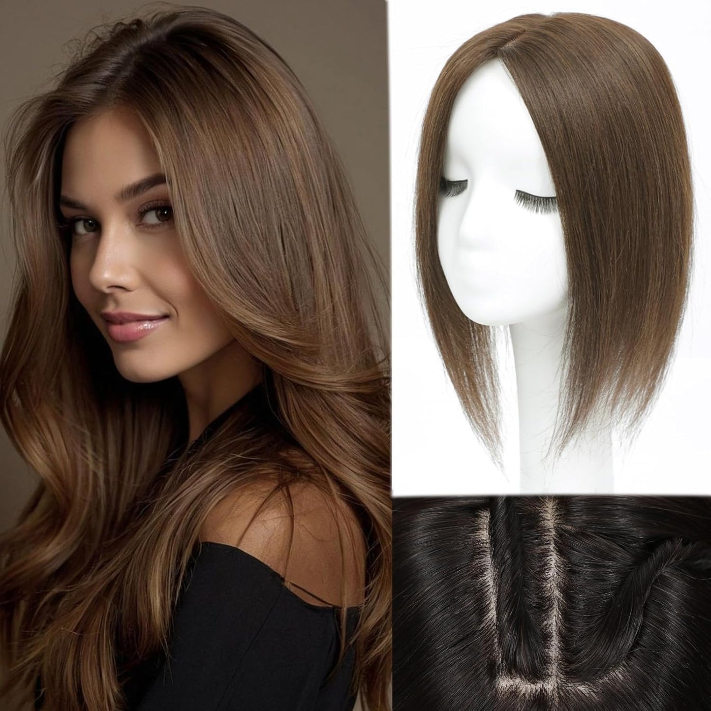 Hair Toppers for Women - Real Human Hair 14 Inch Clip-In Scalp Topper with Curtain Bangs | Medium Brown