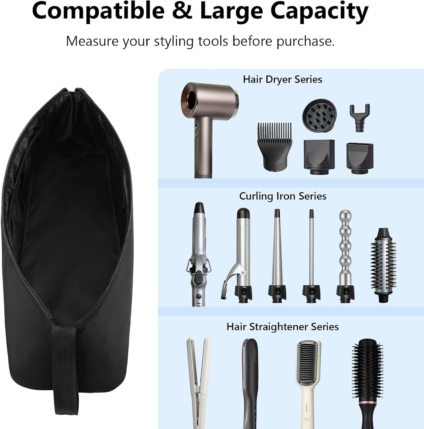 MOKURA Travel Hair Tools Organizer Bag - Heat Resistant Mat, Removable Storage Pouch for Curling Iron & Straightener | Black