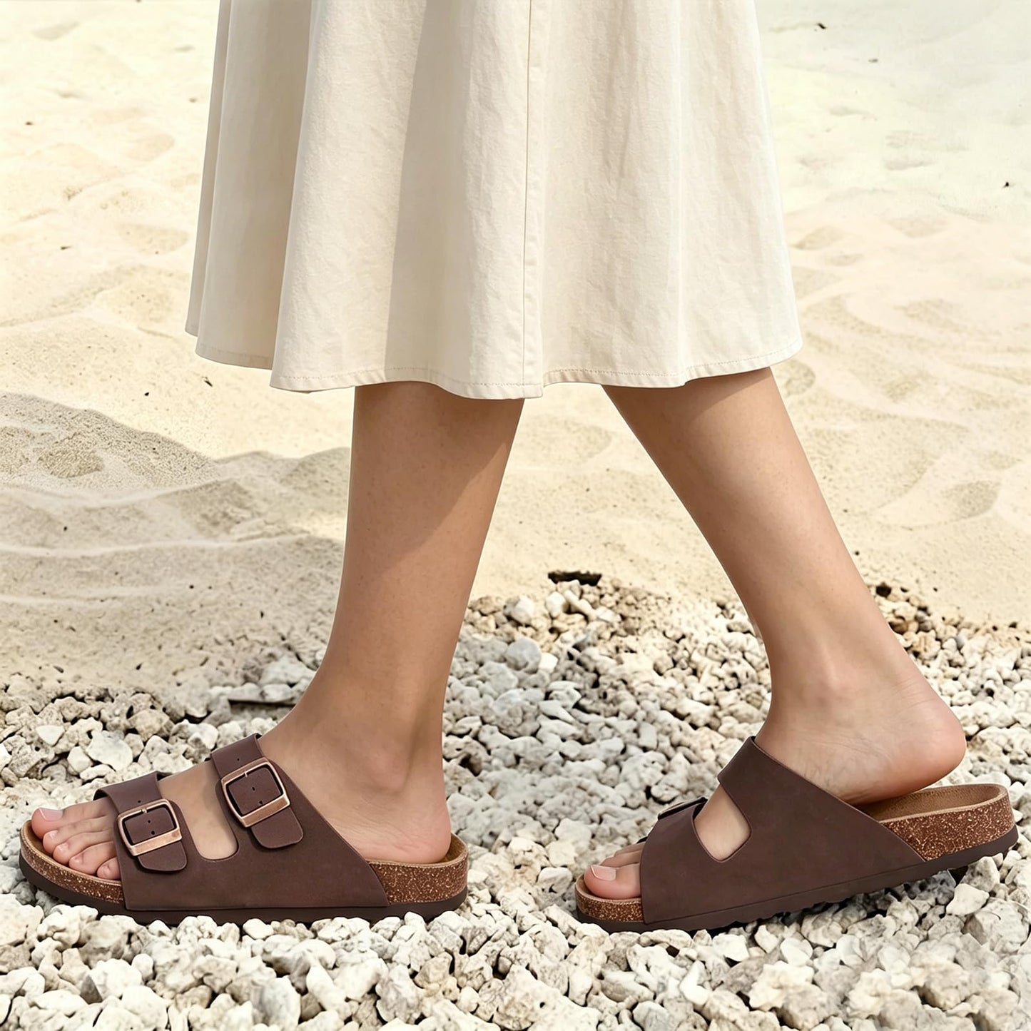 ODOLY Unisex Cork Footbed Slide Sandal, Arch Support Summer Outdoor Sandals with Adjustable Buckle for Women and Men, Brown 39 (8 Women/6.5 Men)