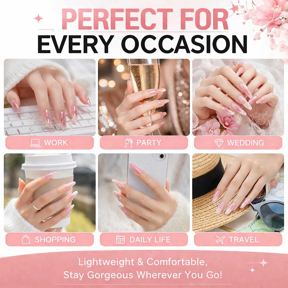 24Pcs 3D Flower Press on Nails Short Square French Tip Fake Nails Nude Pink Glitter Full Cover False Nails with Gold Pearl & Rhinestone Design Cute Stick on Nails for Women Girls Manicure Decoration