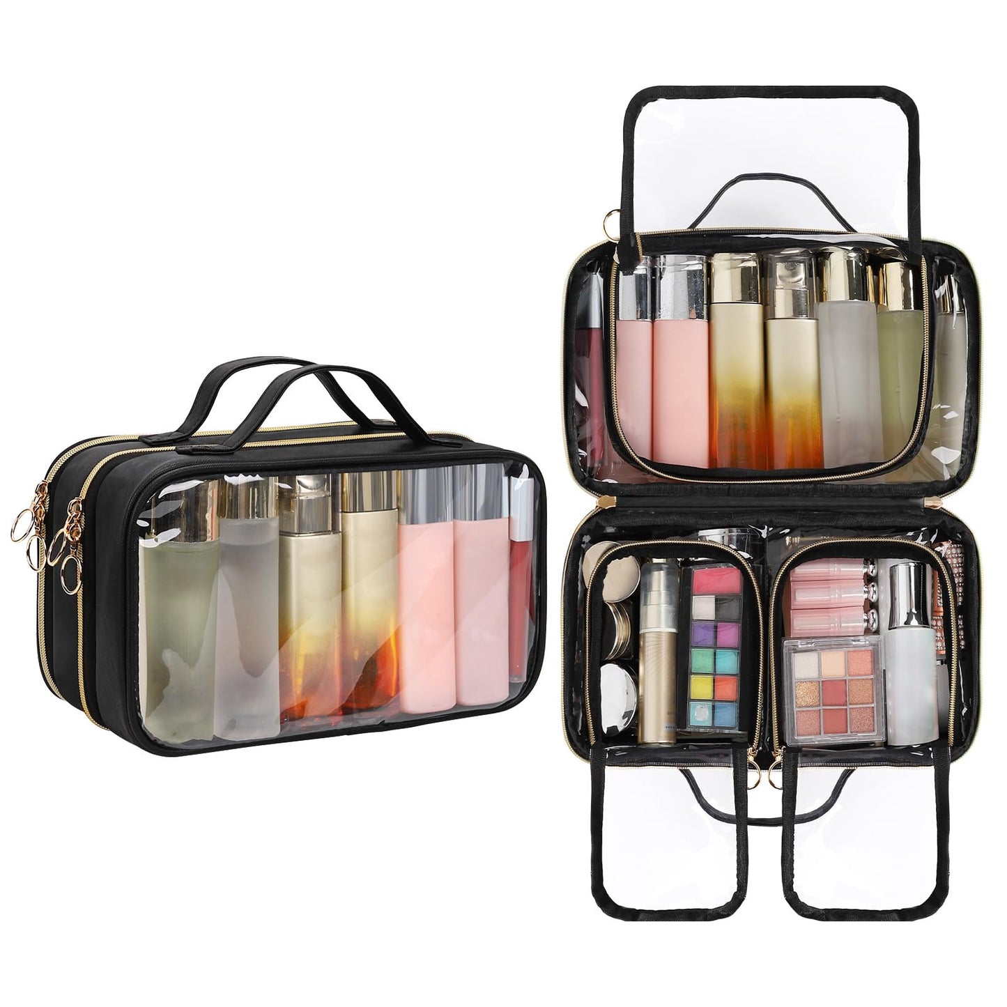 OCHEAL Travel Toiletry Bag, Double Layer Clear Makeup Bag Organizer Large Capacity Cosmetic Bag for Traveling Women Beauty Essentials, Multiple Compartments Makeup Case- Black