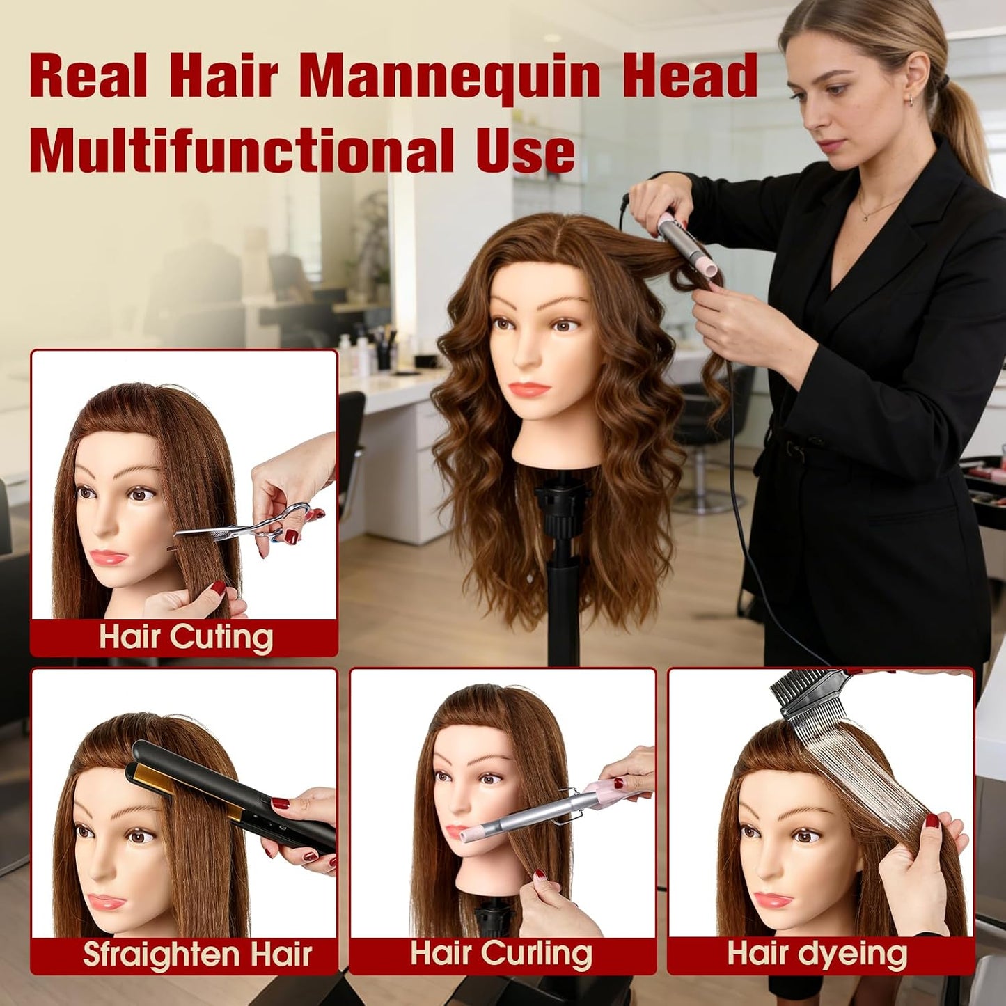Realistic Human Hair Mannequin Head - 22” Dark Brown Cosmetology Training Doll with Clamp & Styling Tools