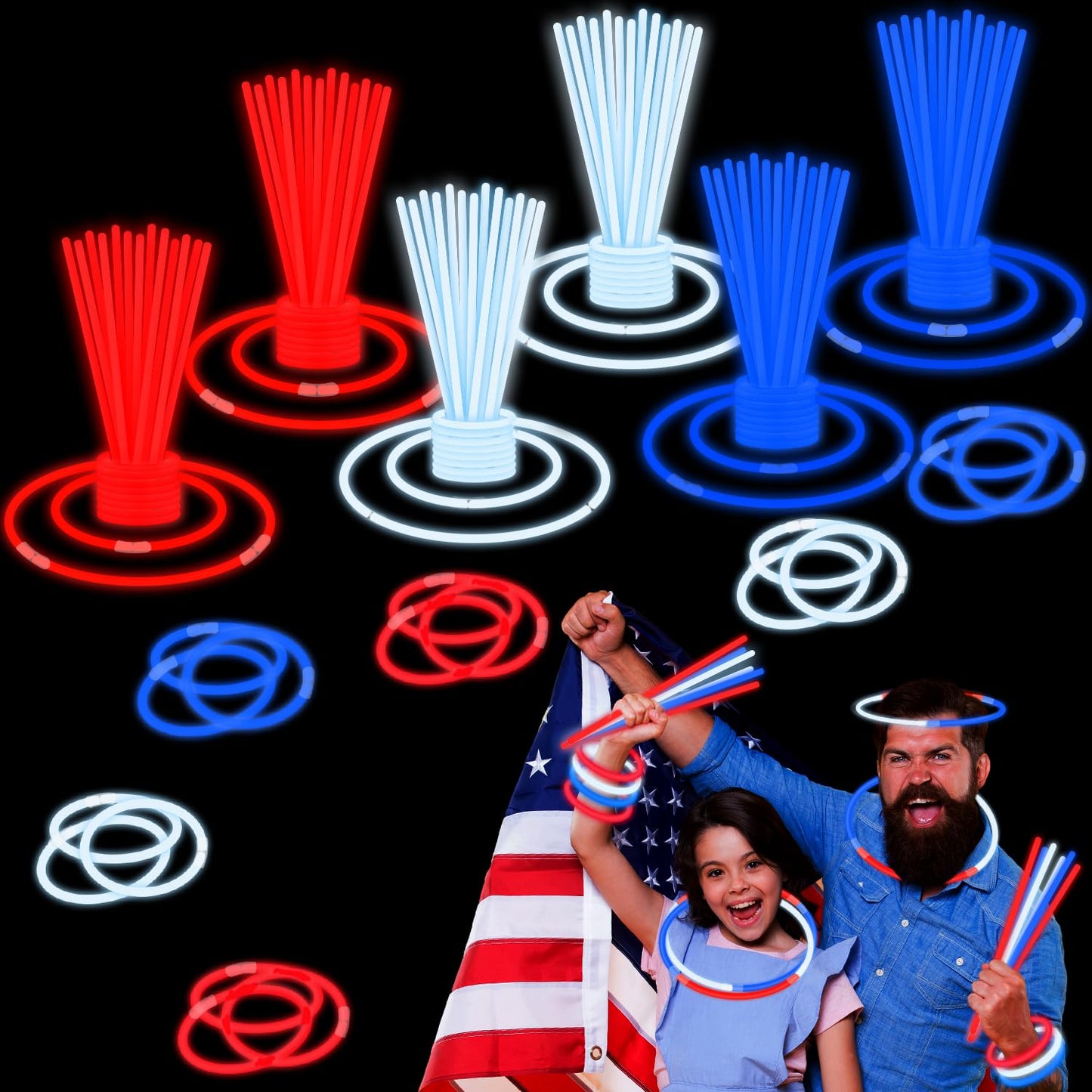 Fourth of July Accessories for Kids, 72-500 PCS Red White Blue Glow Sticks Party Favors Supplies for 250th, Patriotic Treat Goodie Gift Bag Stuffers, Light up Party Toys Stuff Decor for 4th of July