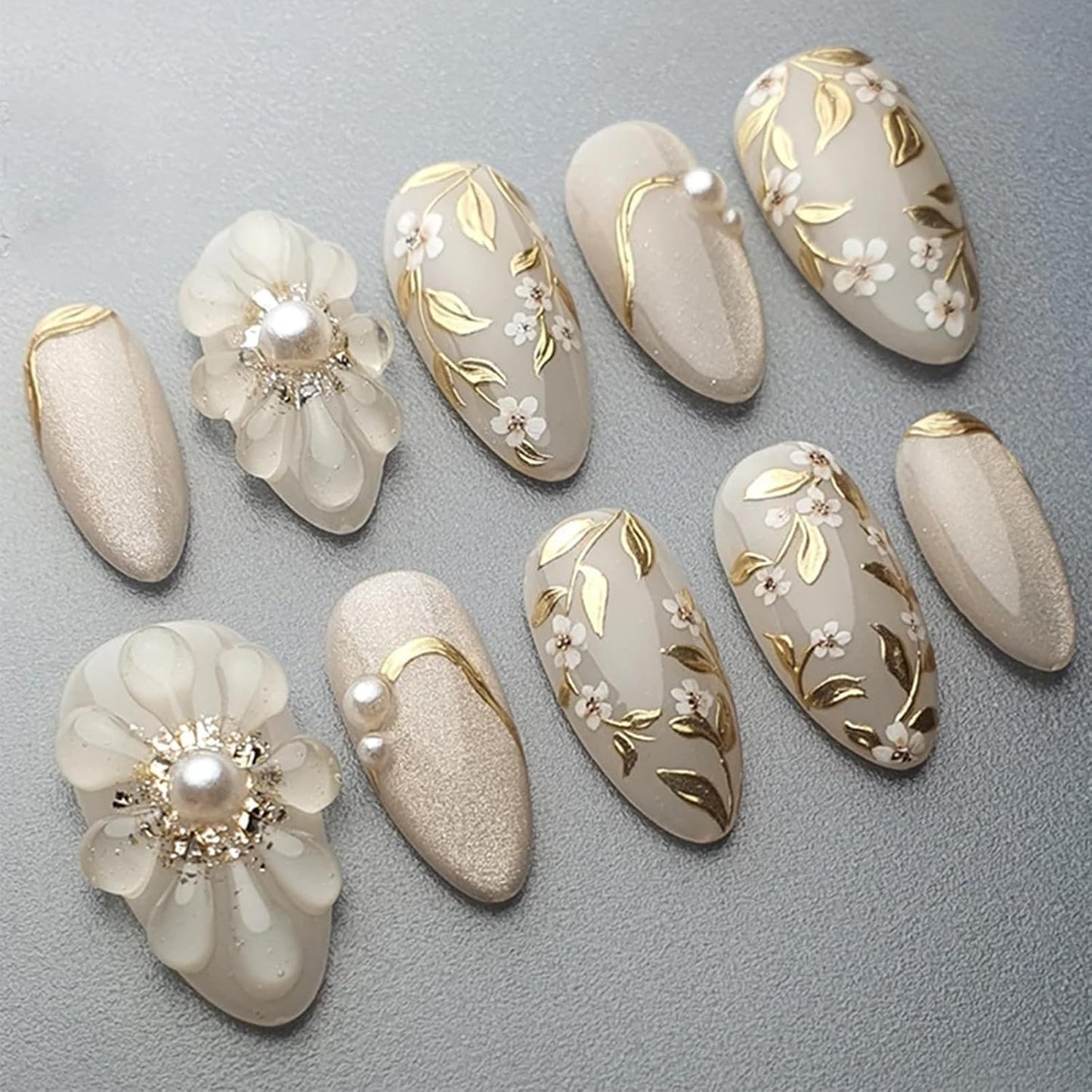 30Pcs Handmade Press-On Nails | Medium Almond 3D Ocean Wave Blueberry Floral Design with Pearls & Rhinestones