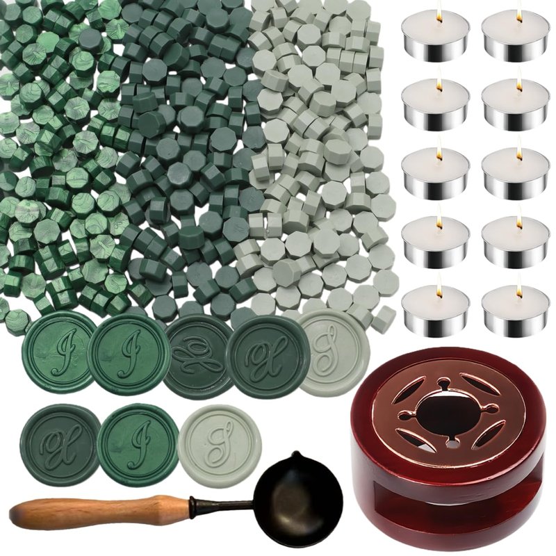 Wax Seal Kit with Warmer, ONWINPOR 300pcs Sealing Wax Beads Olive Sage Green in 3 Colors, Non-Slip Spoon, Candles for Envelopes, Stamp Letter Seal,Wedding Invitations (Green Mixed)