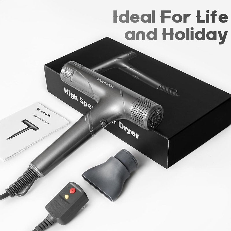 High-Speed Foldable Travel Hair Dryer - 1600W Brushless Motor for Fast Drying & Frizz Control | Dual Voltage, Gray