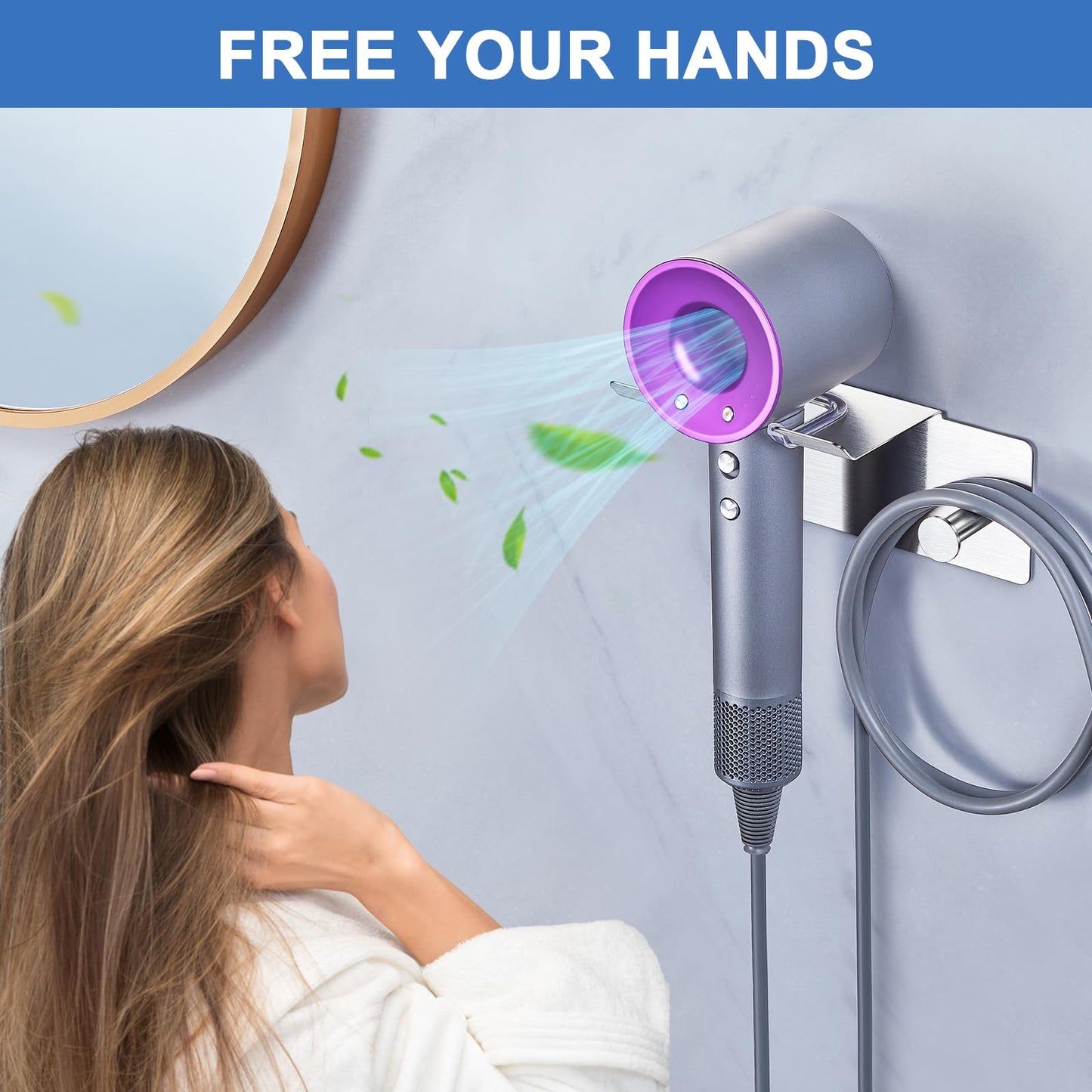 XILIMEN Hair Dryer Holder Wall Mounted, Blow Dryer Holder Adhesive, Metal Hairdryer Holder for Bathroom, Hair Tool Organizer with Plug&Cord for Cabinet Bathroom Bedroom Barber Shops (Sliver)