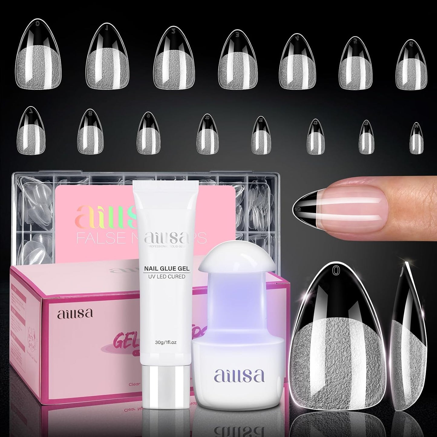 Nail Extension Kit - Medium Almond Nail Tips 224pcs | Solid Gel Glue 30g & Nail Lamp for DIY Home Salon