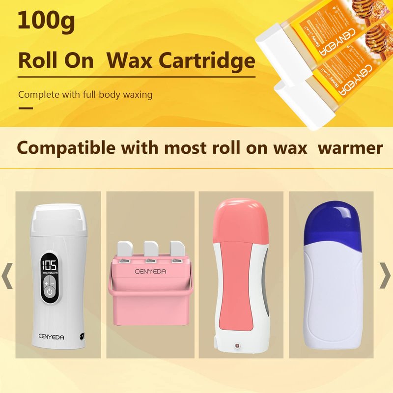 CENYEDA Roll On Wax Kit - Hair Removal Cartridges, 4 Pack Honey Rollers With 50 Strips and 20 After-Wax Treatment Wipes