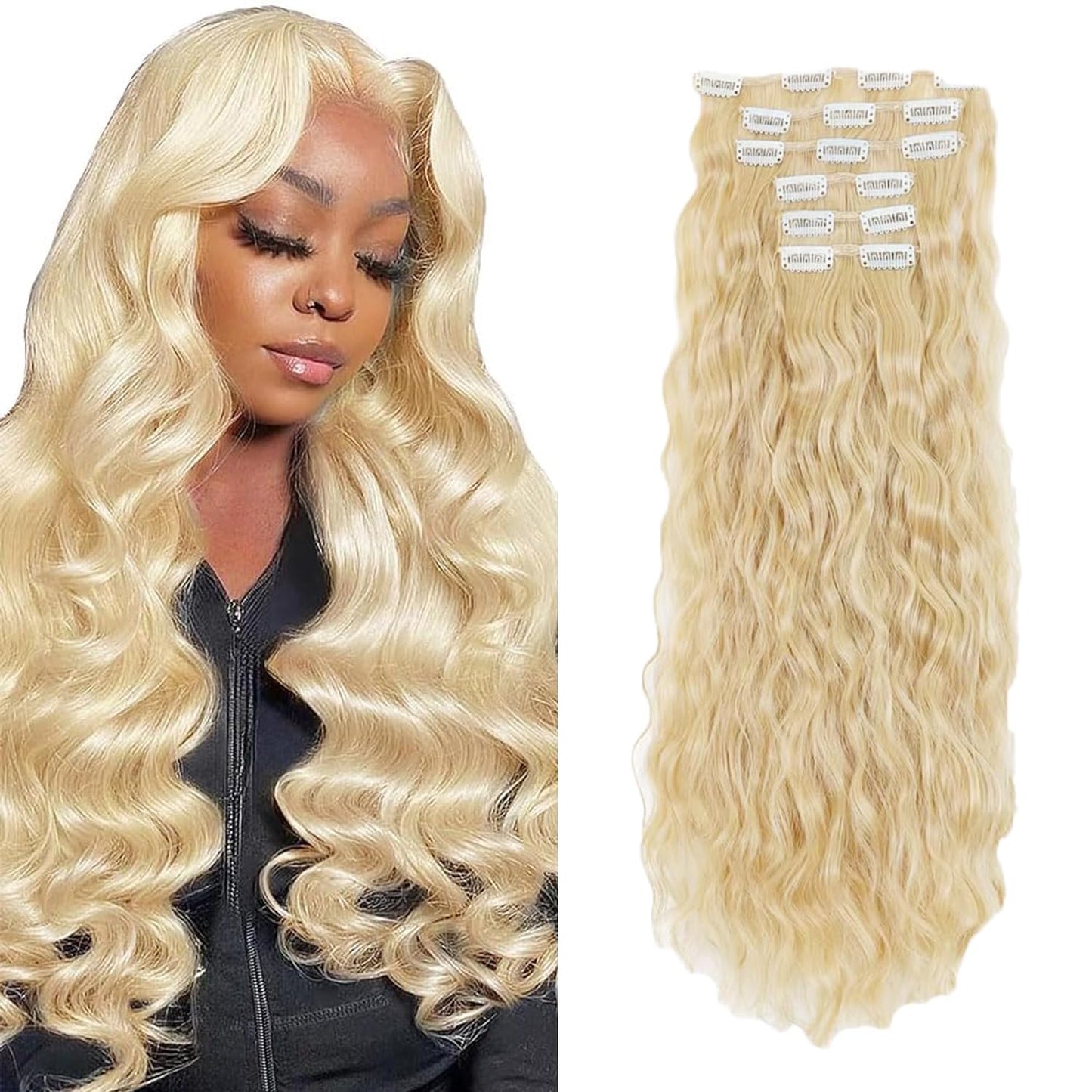 #613 Blonde Clip in Hair Extensions Real Human Hair, 26 Inch 120g/7Pcs,Full Shine Remy Human Hair,Blonde Long Wave Clip ins Brazilian Virgin Human Hair Extensions