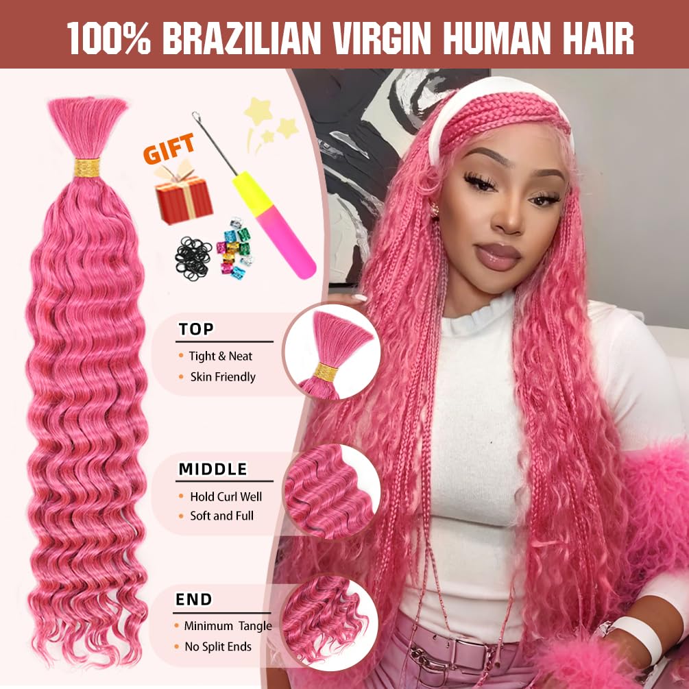 Deep Wave Human Braiding Hair for Boho Braids - 20 Inch 100G 2 Bundle/Pack Pink, 100% Unprocessed 12A Brazilian Virgin Human Hair Bulk, No Weft, Wet and Wavy Human Braiding Hair for Knotless Braids