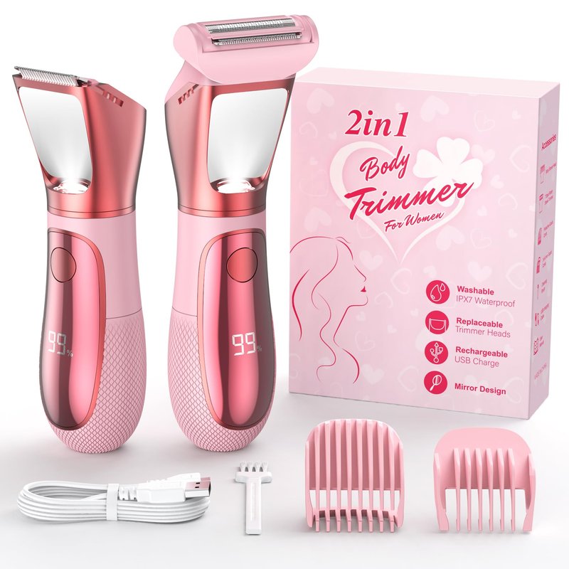 NIPOO Bikini Trimmer for Women, 2 in 1 Electric Razors Shaver, IPX7 Waterproof Body Hair Trimmer with Mirror, LED Light & Display, Painless Pubic Hair Removal, Pink