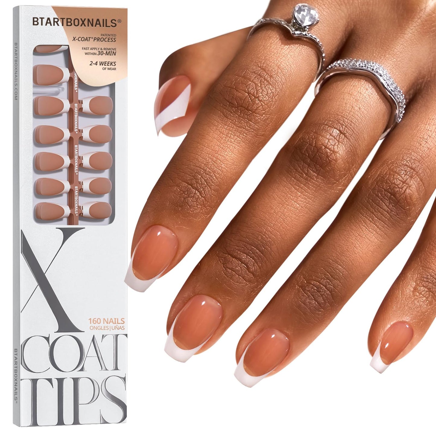 BTArtboxnails XCOATTIPS White French Tip Press On Nails, S Coffin, Brown