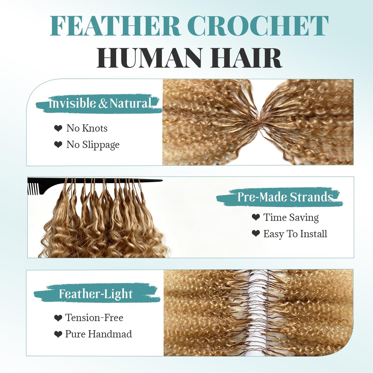 Ombre Honey Blonde Feather Crochet Human Hair 14 Inch Crochet Burmese Curly Human Hair Bundles 100g Pre-Separated Crochet Hair for Black Women