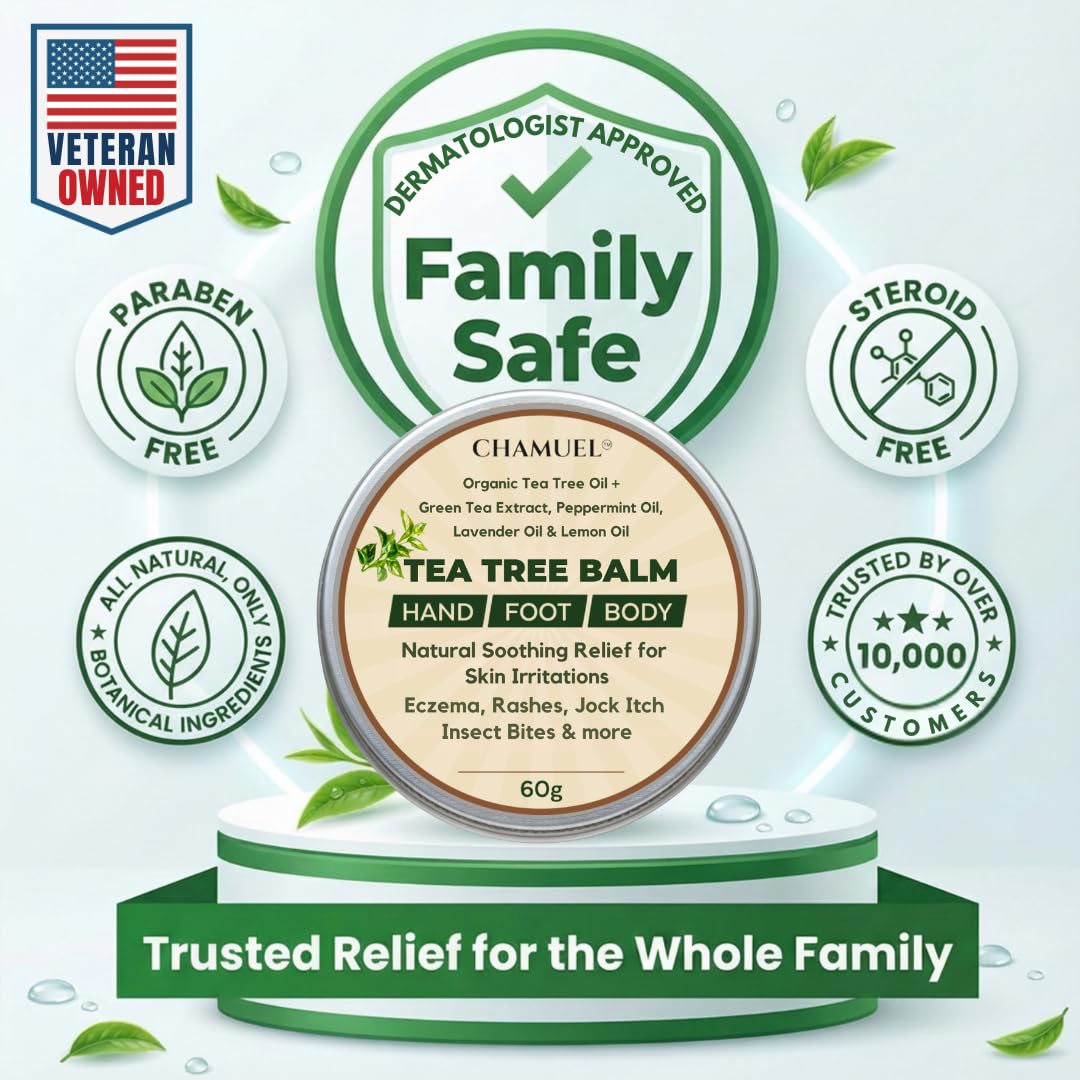 Chamuel Tea Tree Oil Balm – All Natural Moisturizing Cream for Dry Skin, Rough Hands, Cracked Heels, Cuticles & Feet – Hydrating Body Balm for Women & Men, 2-Pack