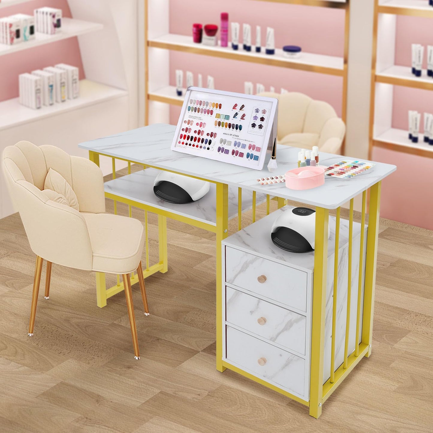 Mahugde Professional Fashionable Nail Desk, Marbling Texture Manicure Desk with 3 Drawers Nail Technician Workstation Manicure Table for Office Nail Salon Beauty Salon (39.37 * 15.75 * 29.92in)