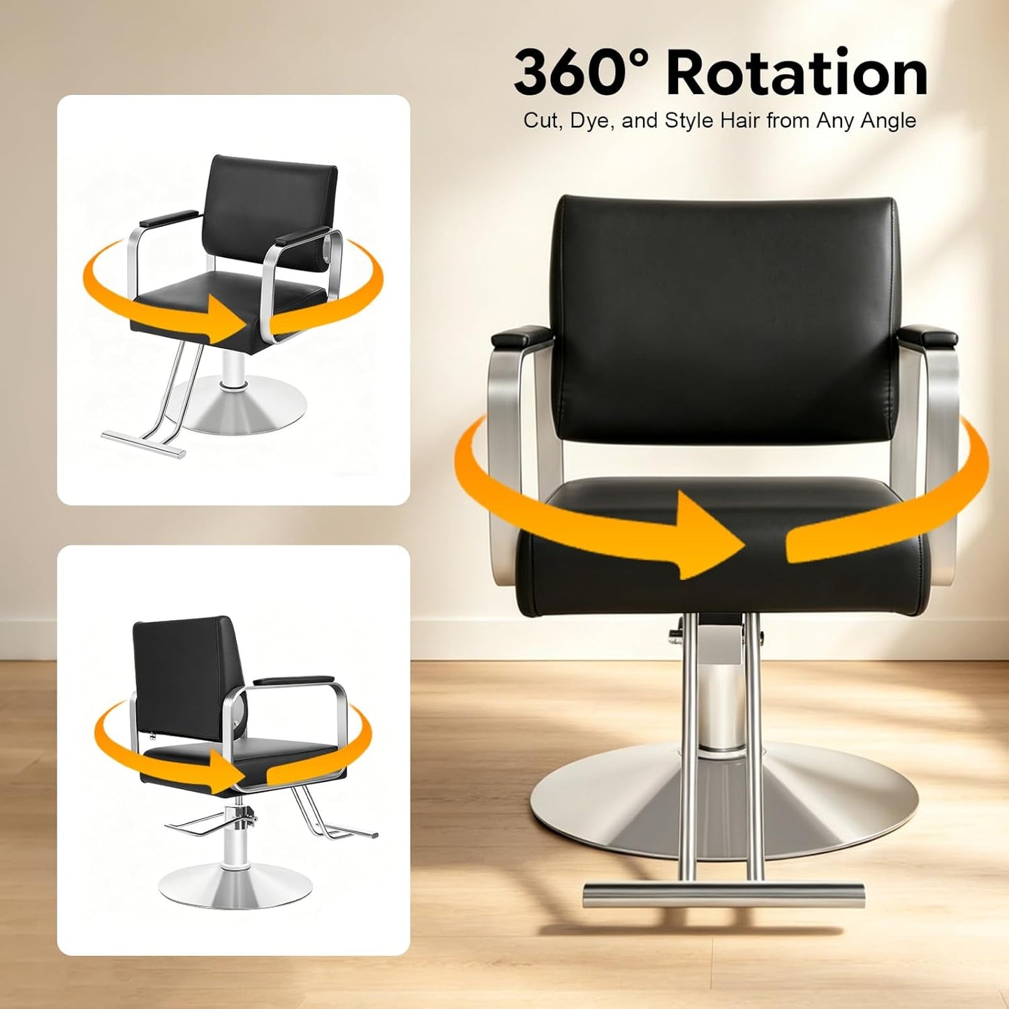 Salon Barber Chair - Hydraulic Pump & 360° Swivel | Adjustable Height Styling Chair for Barbershop & Home (Black/Silver)