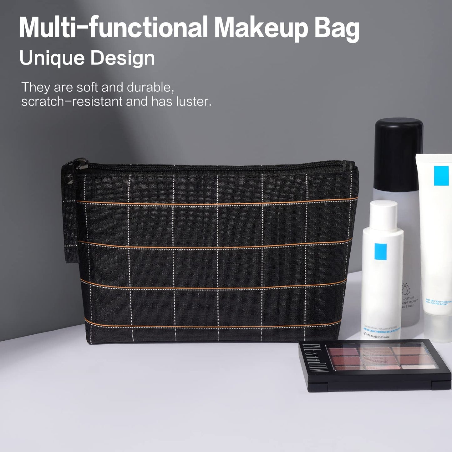 MAANGE Small Makeup Bag for Purse Cosmetic Bags for Women Pu Leather Makeup Pouch Travel Makeup Bag with Handle Make Up Bag for Travelling(Black)