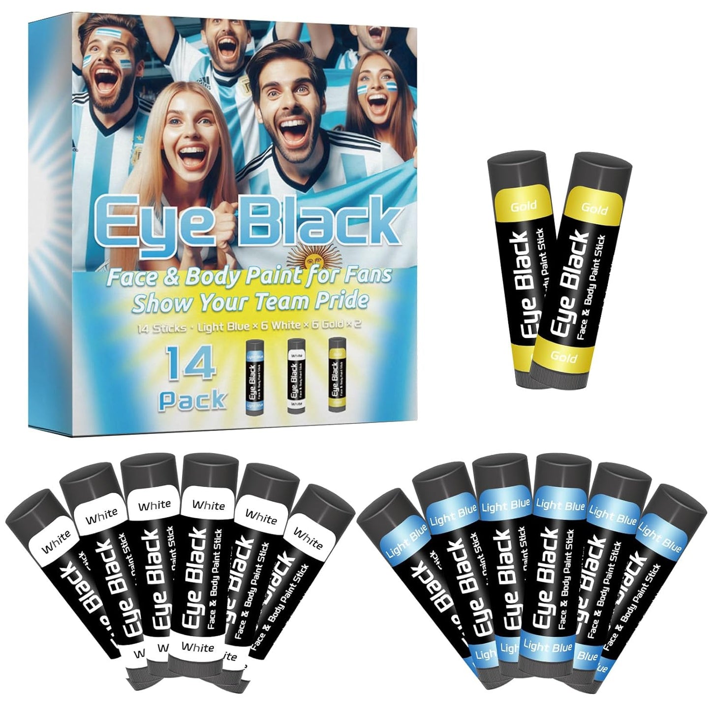 Argentina Eye Black Stick - 14 Pack Blue White Gold Face Paint for Football & Baseball | Glare Reducing Sports Accessories