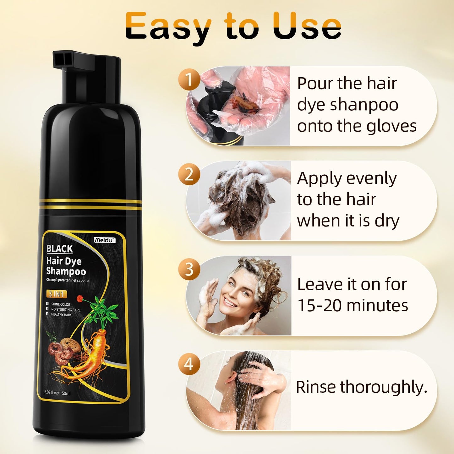 MEIDU Black Hair Dye Shampoo 3 in 1,Cover Gray Hairs,Herbal Ingredients,Contains Ginseng Extract,Natural Hair Coloring