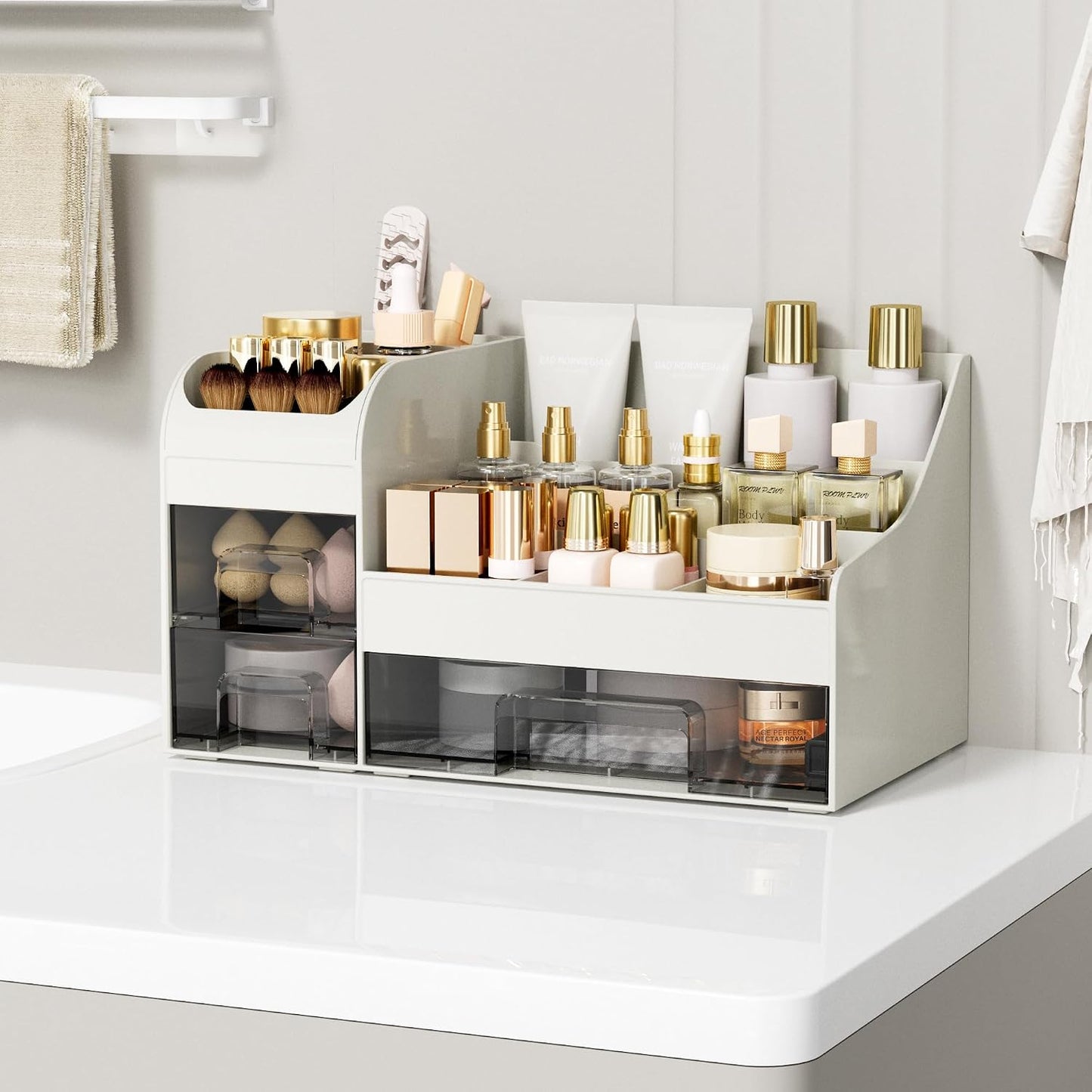 Makeup Organizer with Drawers - Large Cosmetic Storage Box | Multifunctional Skincare Display Case - White Transparent