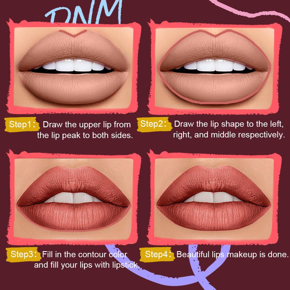 HHLTOH 3Pcs 2-in-1 Lip Liner and Lipstick Set for Women, Nude Brown Rose Gold Matte & Metallic Shimmer Lip Kit, Long-Lasting Waterproof Non-Drying Lipstick for Mature Skin, Vegan & Cruelty-Free