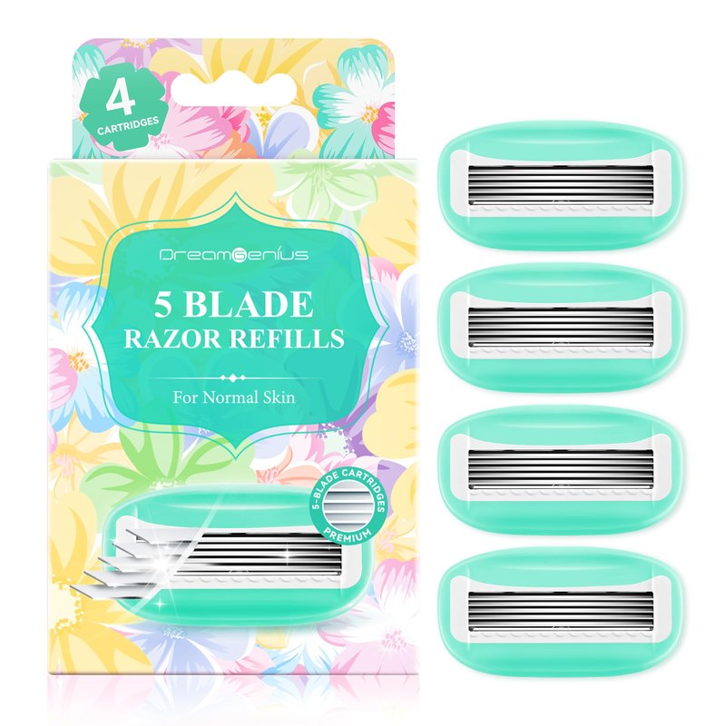 Women’s Razor Blades Refills Include 4 Cartridges, Extra Smooth 5-Blade Travel Razor Refills for Comfort Shaving, Green