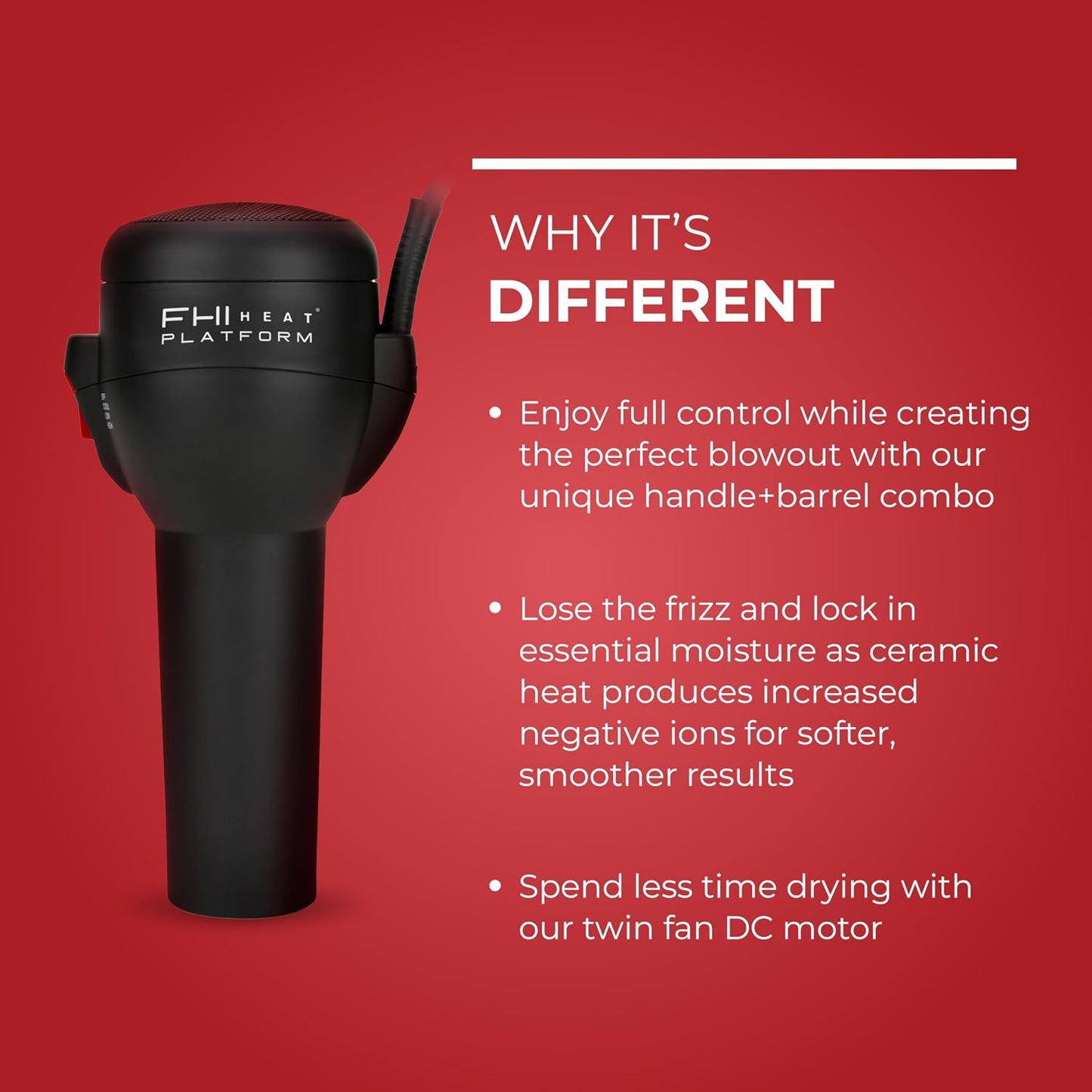 FHI Heat Hair Dryer - Handle-Less Negative Ion Blow Dryer for Frizz-Free Styles | Lightweight with Diffuser, Nozzle & Comb
