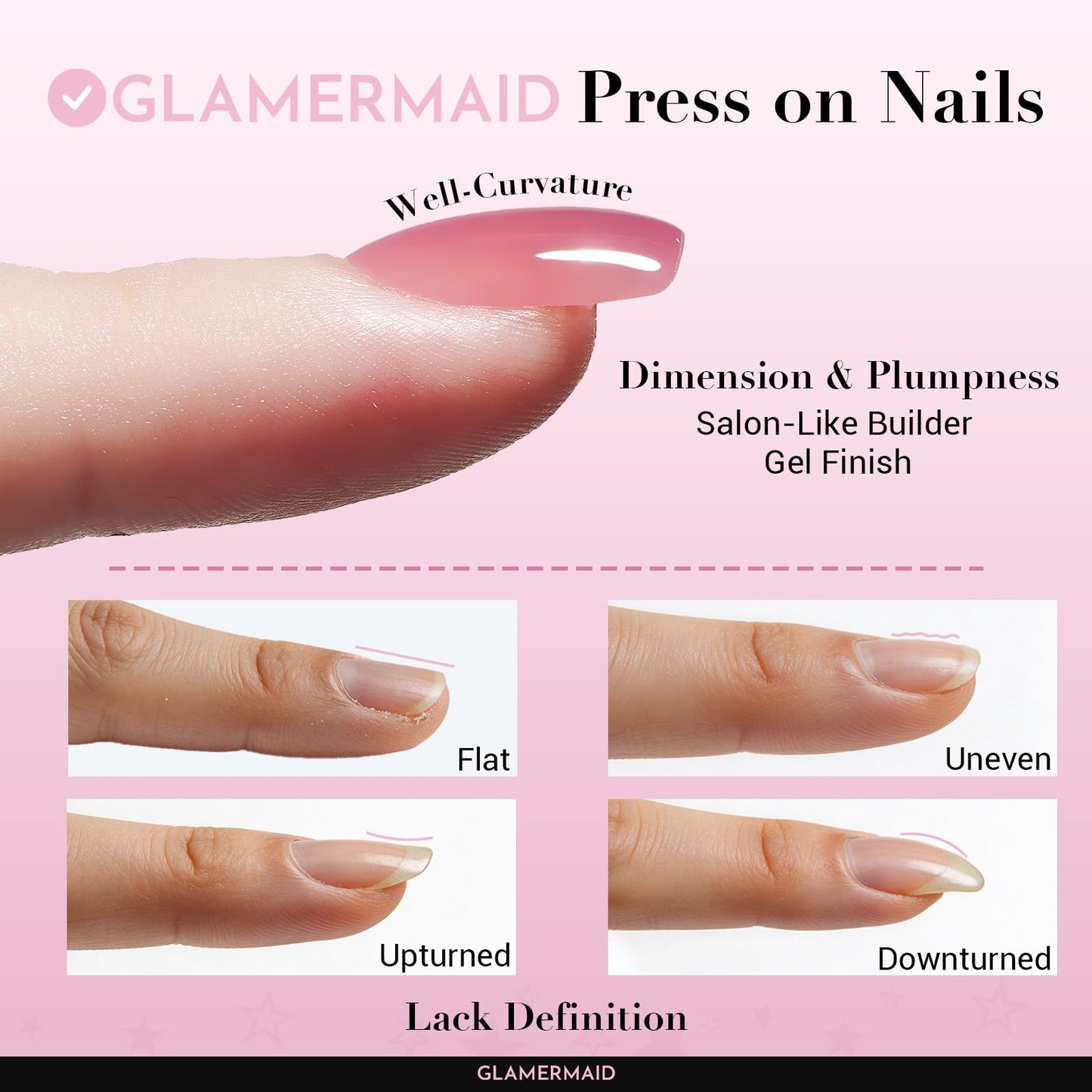 GLAMERMAID Classic French Tip Press on Nails Short, Pink Fake Nails Sqaure