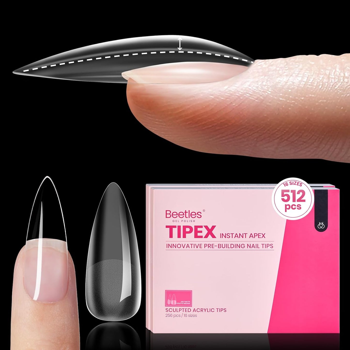 Apex Nail Tips Kit - Medium Stiletto 224PCS | Dehydrator, Primer, Glue & Mini UV Lamp for Long-Lasting Wear