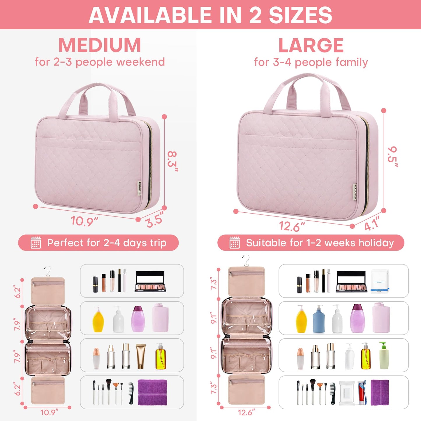 HXLGMD Travel Size Toiletry Bag for Women, Portable Cosmetic Bag with Hanging Hook, Travel Essentials Water-resistant Makeup Organizer for Accessories, Shampoo, Full-size Container, Toiletries