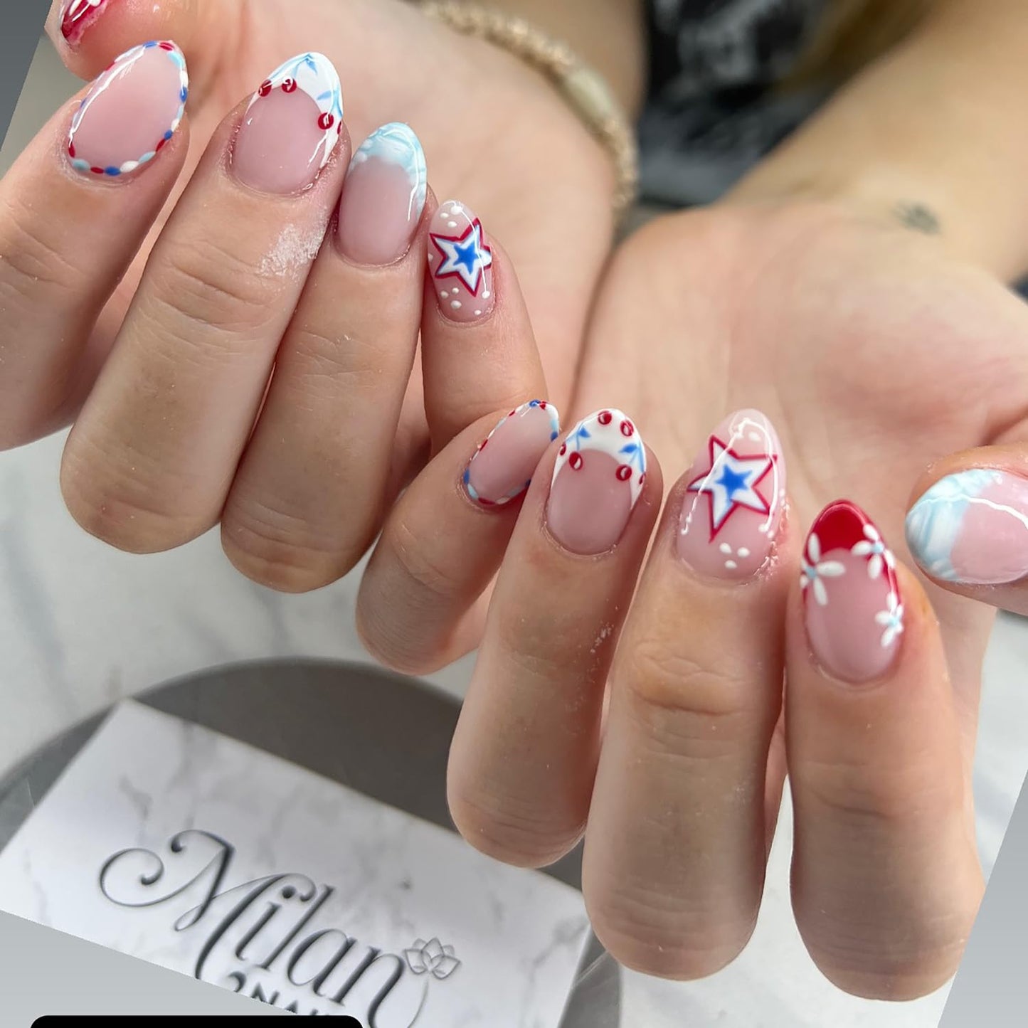 French Tip Press-On Nails - 24Pcs Short Square Design with 3D Flowers & Rhinestones | Glossy Natural Pink Full Cover