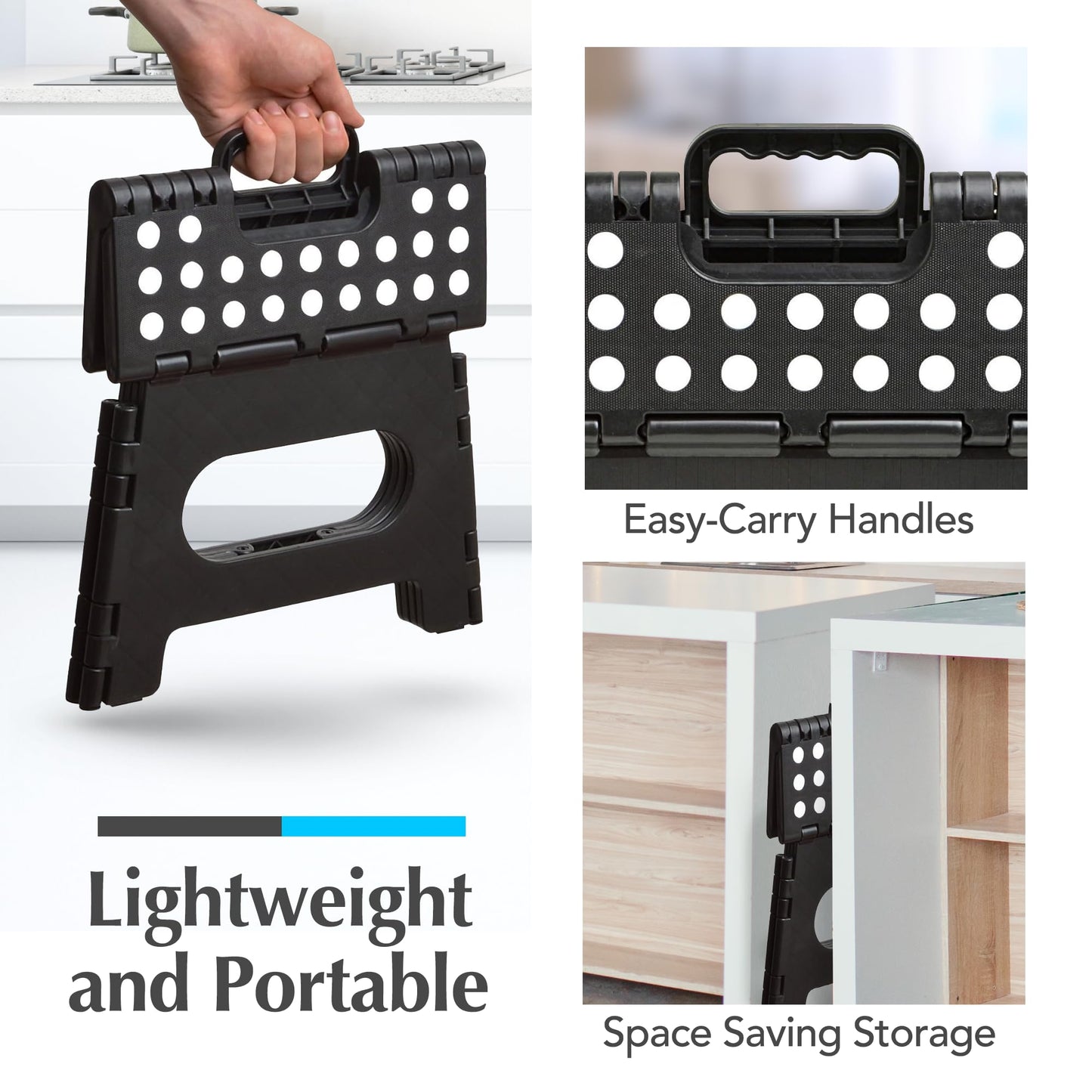 Handy Laundry Folding Step Stool - Sturdy Enough Collapsible Stool to Support Adults - Opens Easy with One Flip - Great for Kitchen, Bathroom or Bedroom (Black - 9 Inch)