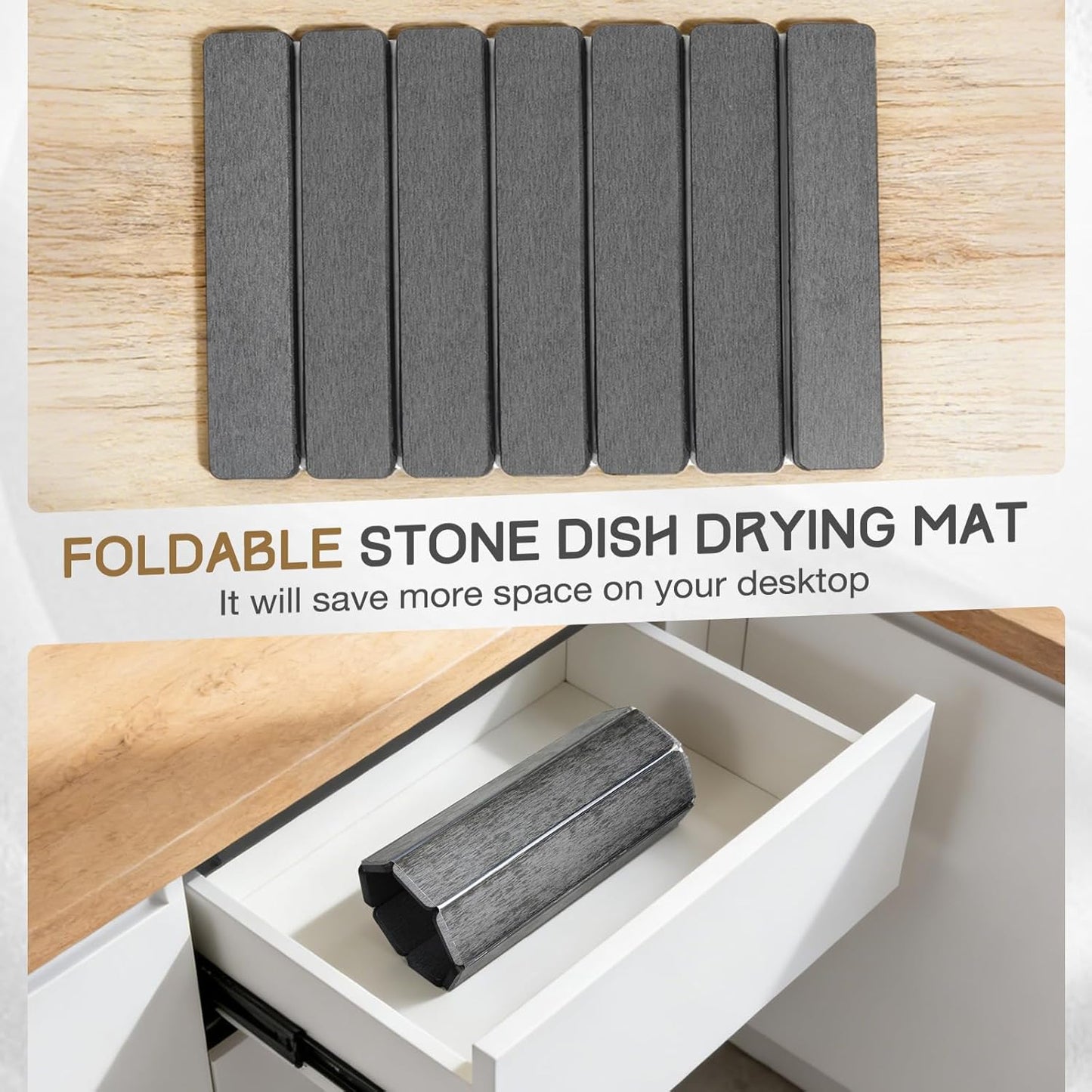 Stone Drying Mat - Quick Dry Diatomaceous Earth Dish Mat for Kitchen | 16" x 12" Foldable Pad