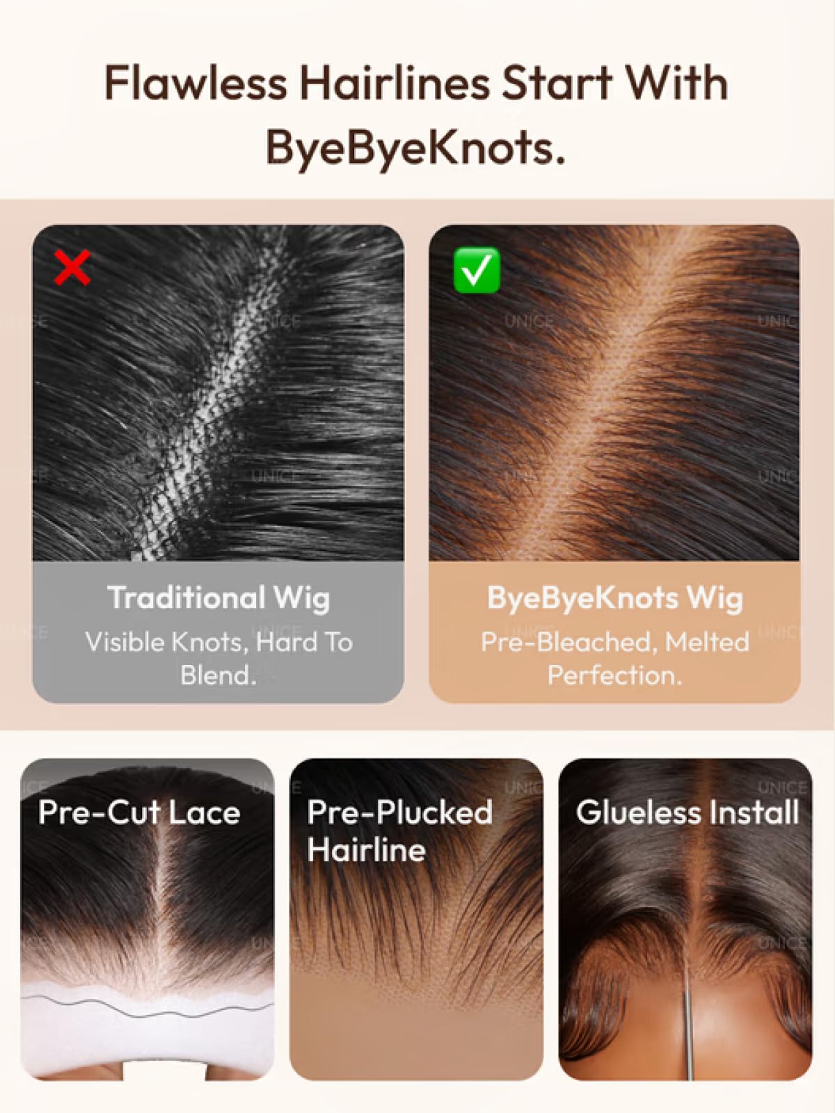 UNICE Bye Bye Slip Blunt Bob Wig Human Hair 7x5 Lace Closure Glueless Drawstring Wig Pre Plucked Pre Cut Bleached Knots Brown with Blonde Piano Highlights 12 inch