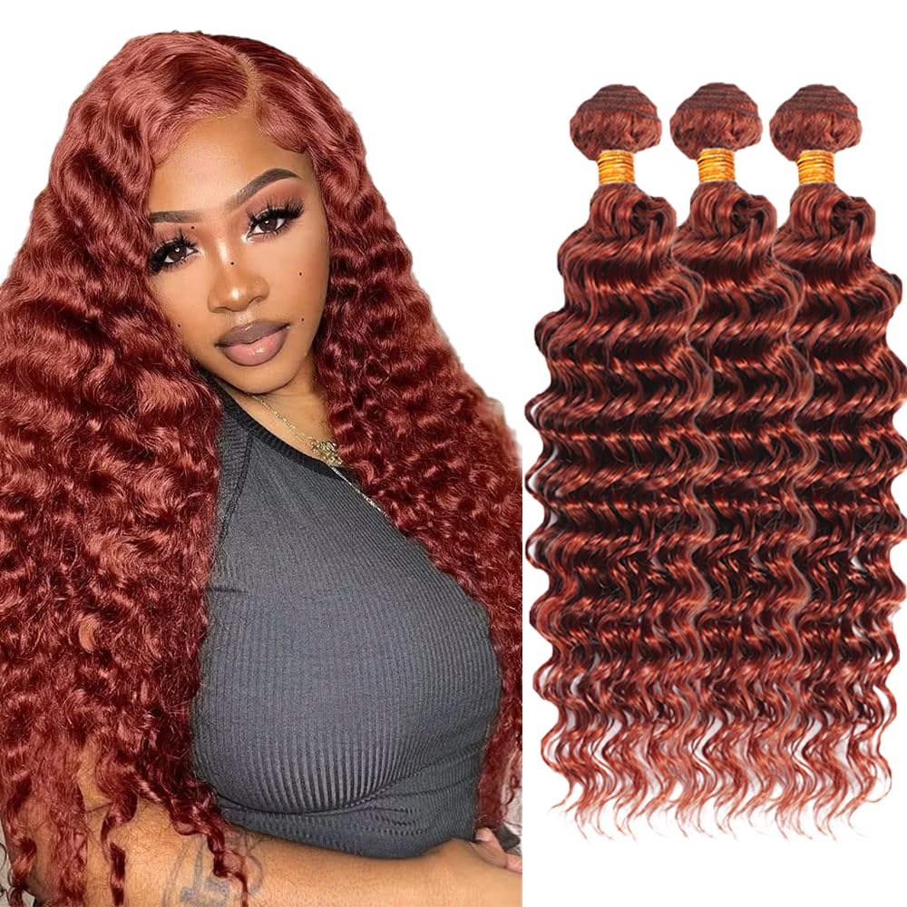 Color 33 Bundles Human Hair Copper Deep Wave Bundle Huxowax Brazilian Virgin Remy Hair 3 Bundles 16 18 20 Inch Double Weft Auburn Deep Wave Bundle Hair Weave 150g
