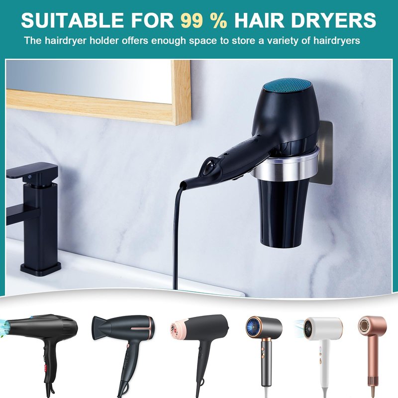 YAYINLI Hair Dryer Holder Wall Mount, Blow Dryer Holder Wall, Adhesive Hair Dryer Hanger, Blow Dryer Organizer, Hair Tools Organizer for Bathroom Salon Barber Shop Hotel (Silver)