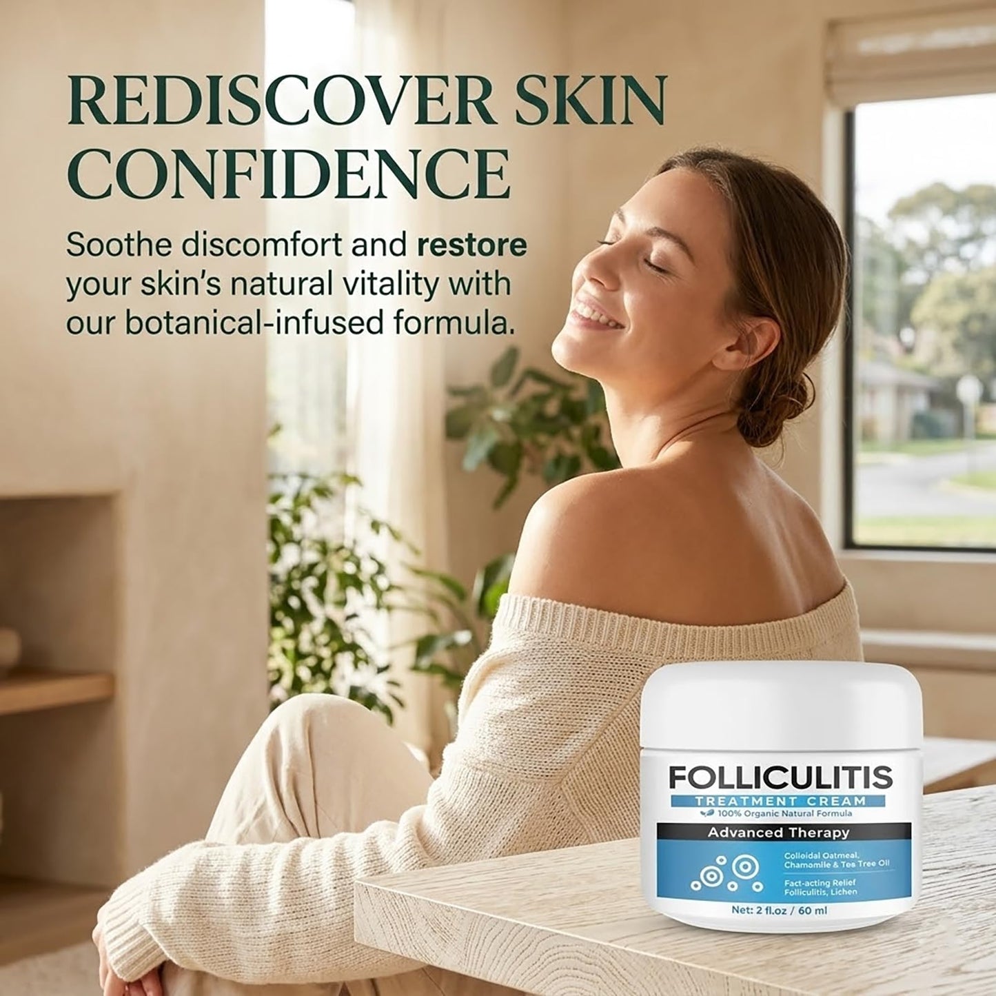 Folliculitis Treatment Cream, for Body Scalp and Face, Natural Soothing Cream for Itching Redness and Bumps, Refreshing Hair Follicle Care with Tea Tree Oil, Non-Greasy Fast Absorbing, 60 ML