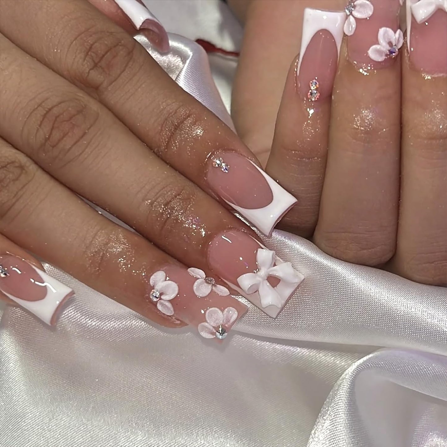 3D Flower Press-On Nails - Medium Square Pink French Tip with Star Rhinestones | Full Cover Artificial Nails for Women