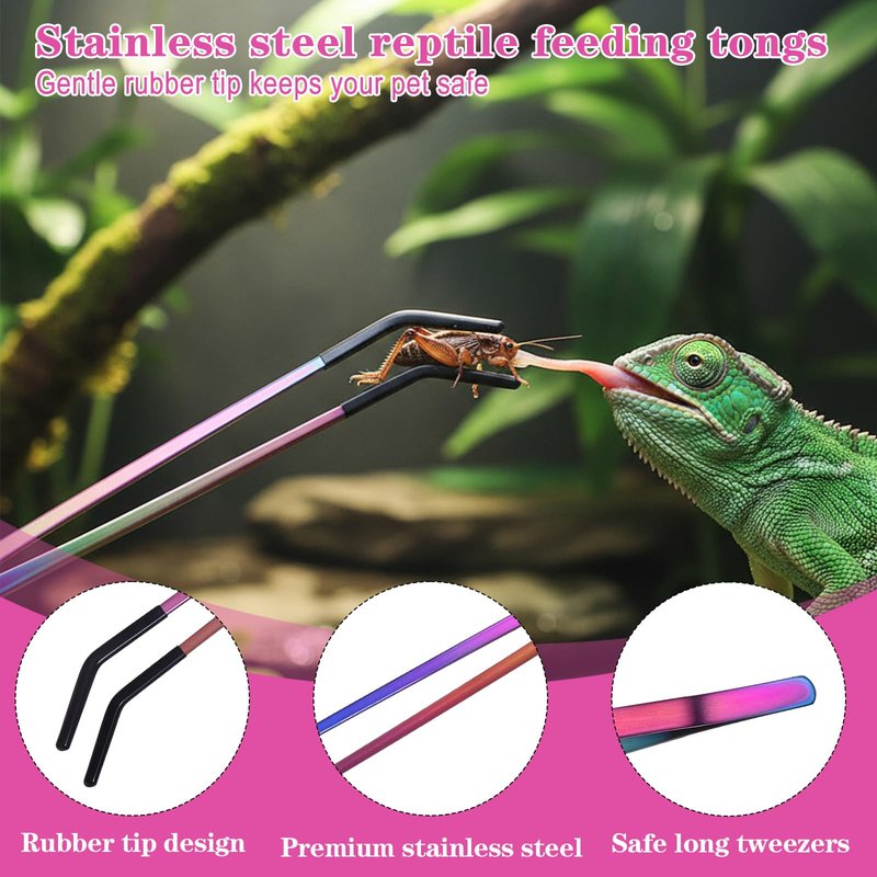 LXUEJIE 3PCS Stainless Steel Reptile Feeding Tongs with Rubber Tip, 10.6" Straight Curved Long Tweezers, Extra Long Aquarium Tweezers for Bearded Dragons, Lizards, Terrarium Tank Supplies