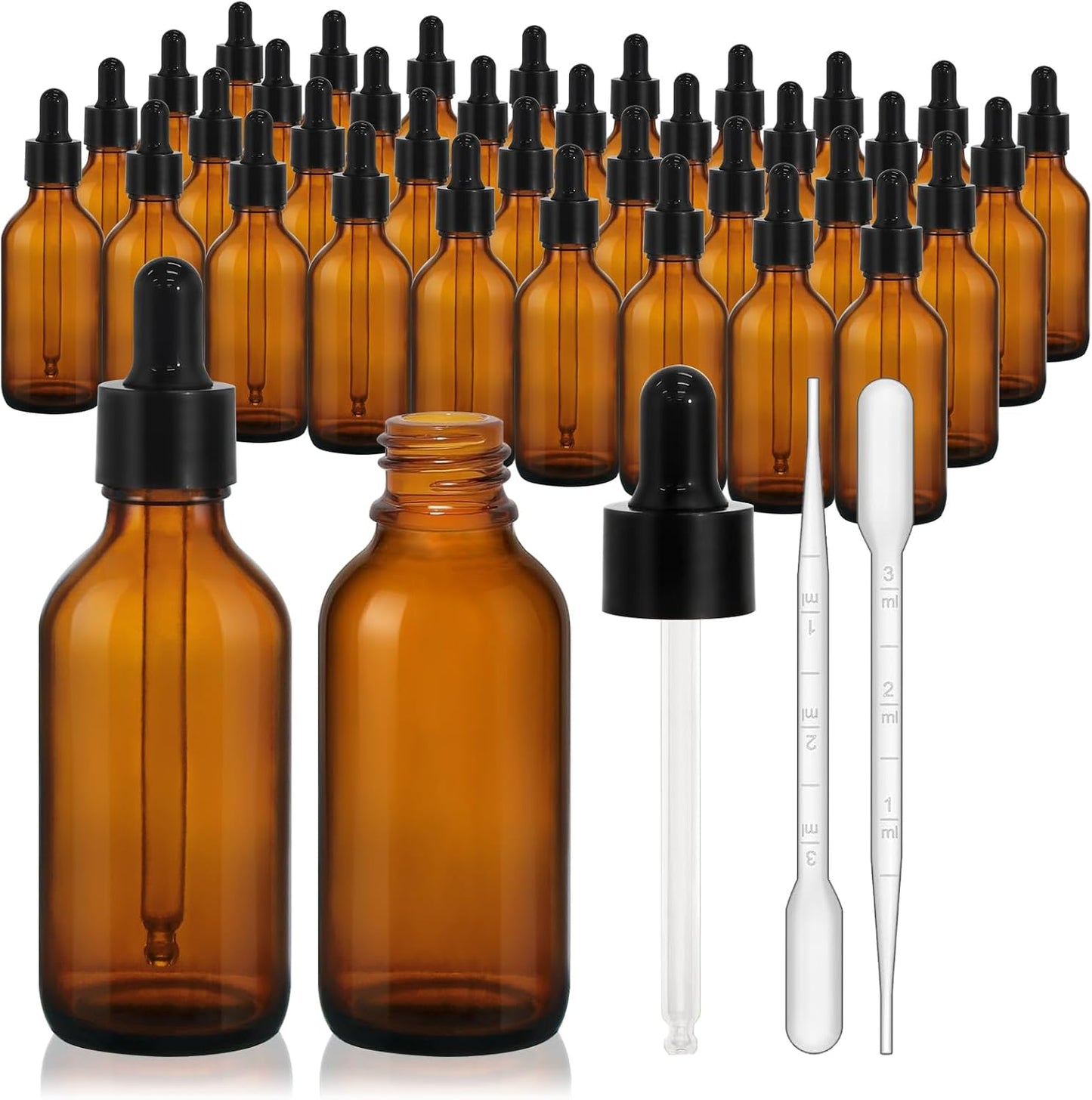 60 Pack 1oz Eye Dropper Bottles - Leakproof Amber Glass for Essential Oils & Tinctures | 30ml Travel Size
