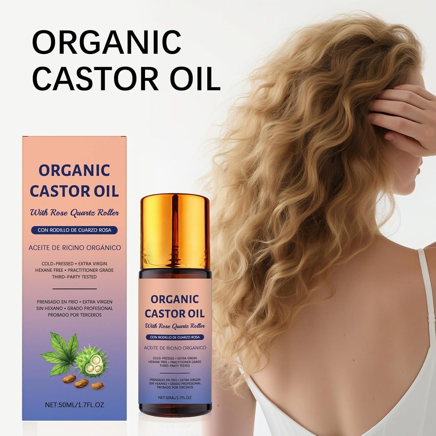 Organic Castor Oil Roll-On - 100% Pure Cold-Pressed for Hair Growth, Eyelashes & Skin Moisturization | 50ml with Rose Quartz
