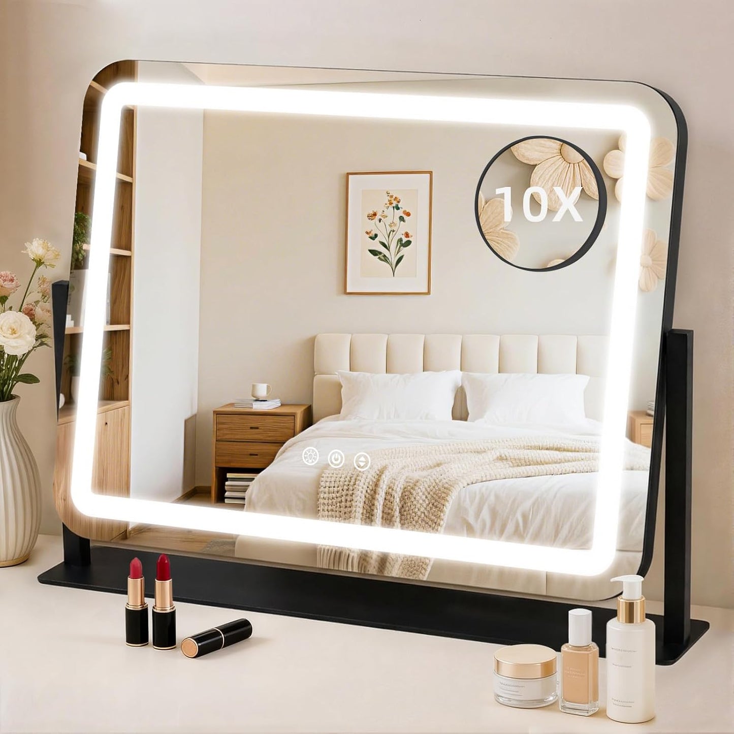 Lighted Makeup Mirror with 10X Magnification - 3 Color Dimmable Lights, 360° Rotation | 22"x17", Black