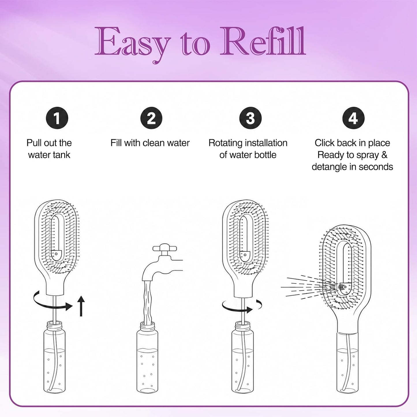 Detangling Hair Brush with Water Spray - 2-in-1 Anti-Static Tool for Curly Hair | Reduces Breakage & Frizz, Purple