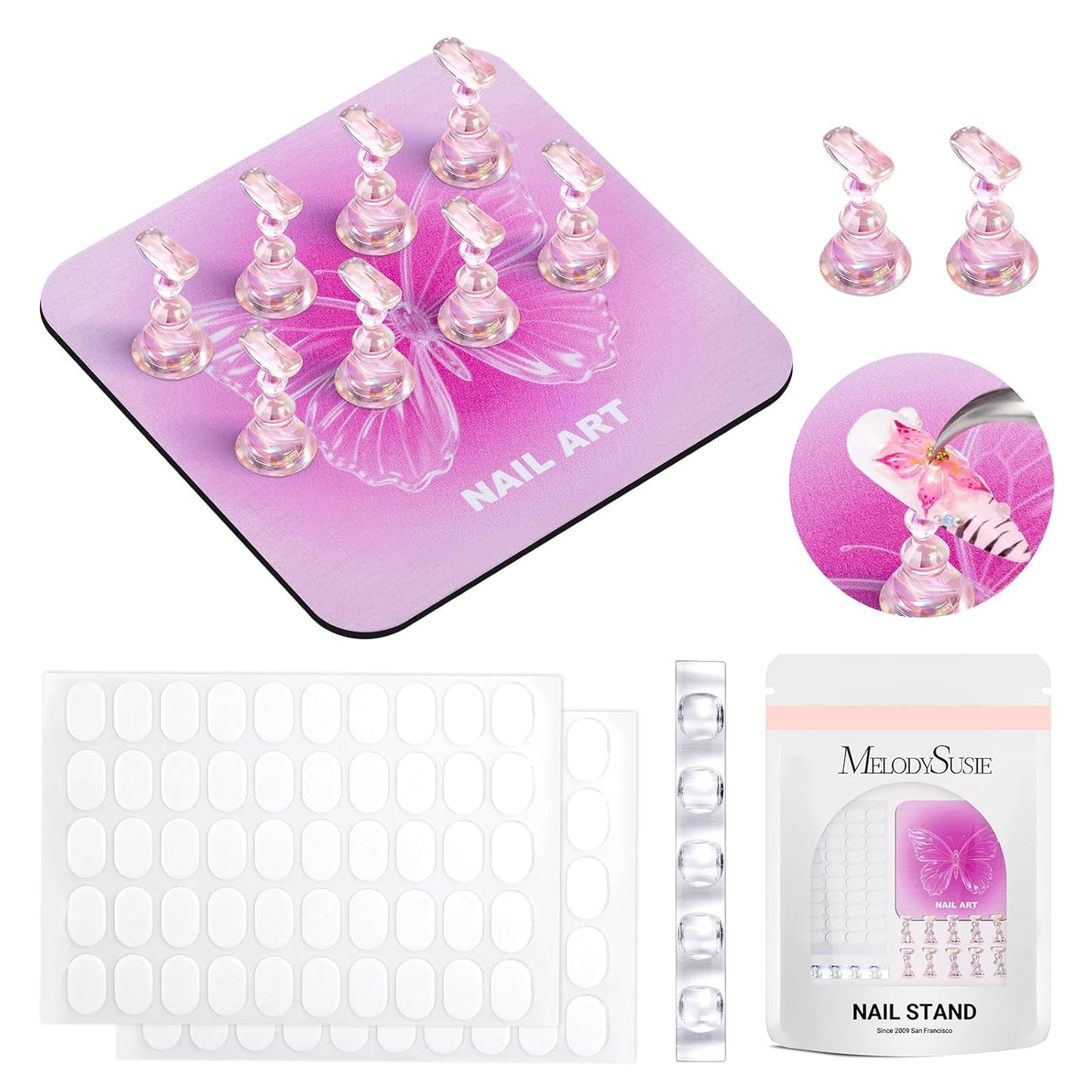 MelodySusie Nail Stand - Metal Square With Heart Pattern & Magnetic Base | DIY Press-On Display With Brush Holder & Tape
