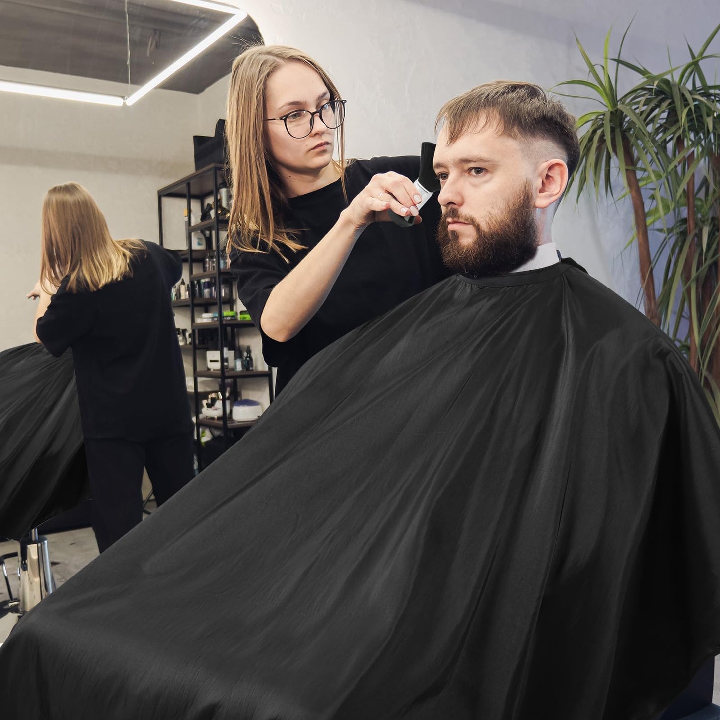 Hair Cutting Cape Set, Barber Cape with Neck Brush and Disposable Neck Paper - Waterproof Anti-Static Large Salon Hair Cape, 57" x 51"(Black)