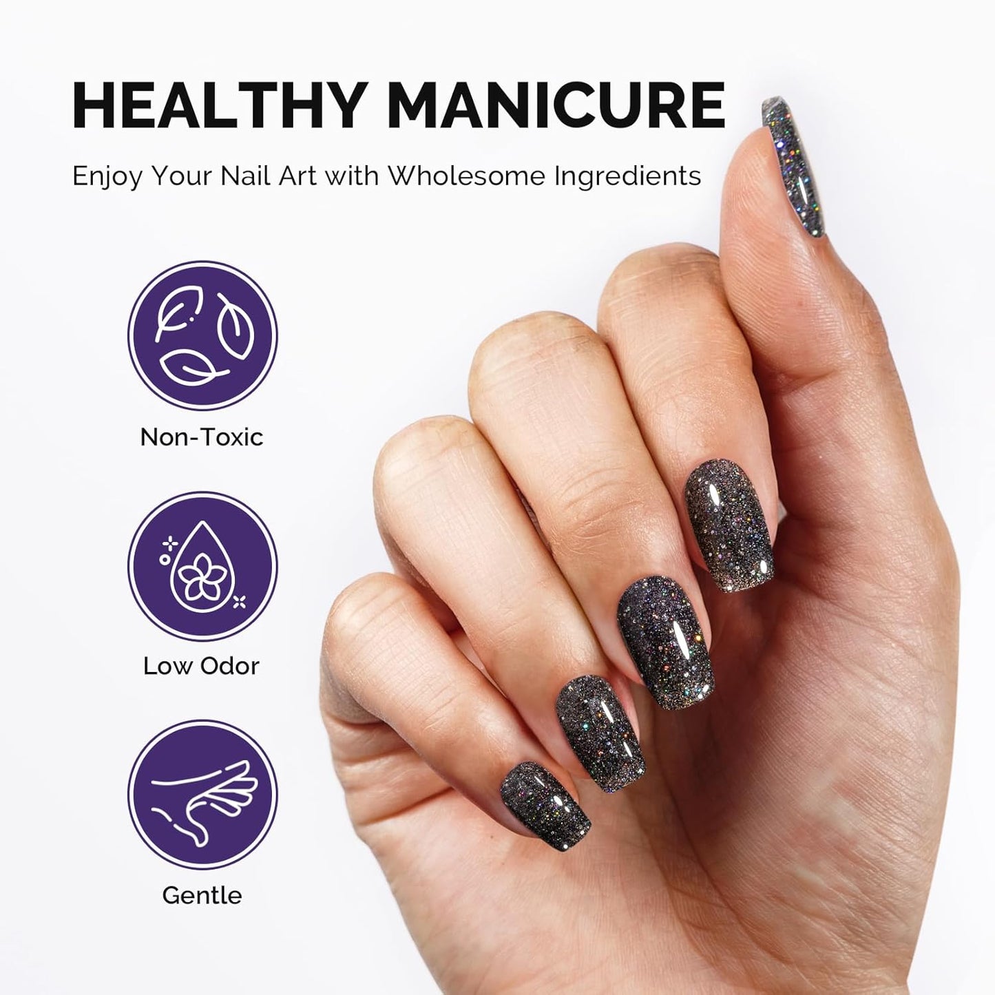 Gel Nail Polish - Black Glitter Soak Off UV LED Cured 15ML | Sparkly Shimmer for DIY Nail Art