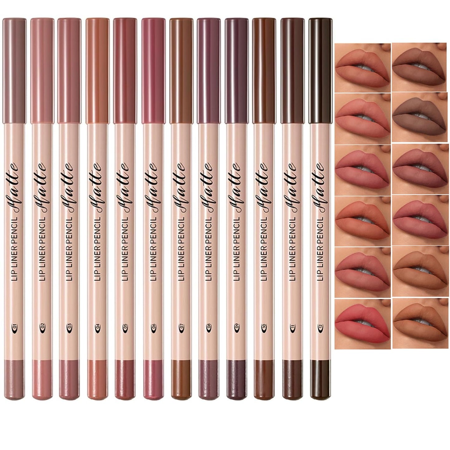 Matte Brown Lip Liner Pencil Set - 12PCS | Smooth, Long-Lasting Waterproof Lip Makeup & Eyeliner Kit